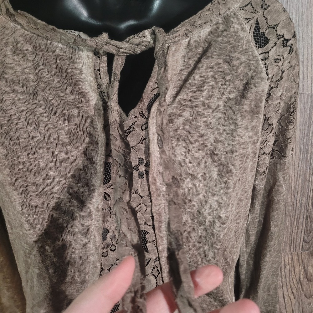 Elena Baldi Semi Sheer Lace Trim Top Size S Brown Back Tie Bow Beachy Boho - Picture 7 of 11